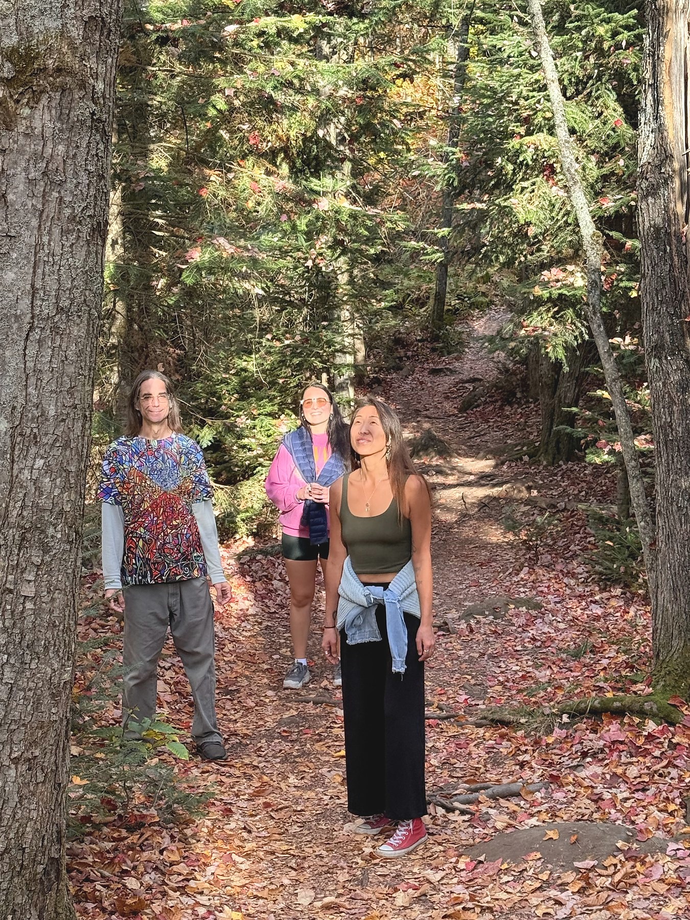 Petit groupe en marche d’intégration dans un sentier forestier en automne.